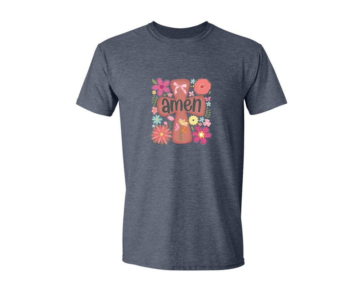 brand:Generic|color:Heather Navy|Boho Floral Amen Christian Graphic T-Shirt