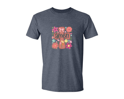 brand:Generic|color:Heather Navy|Boho Floral Amen Christian Graphic T-Shirt