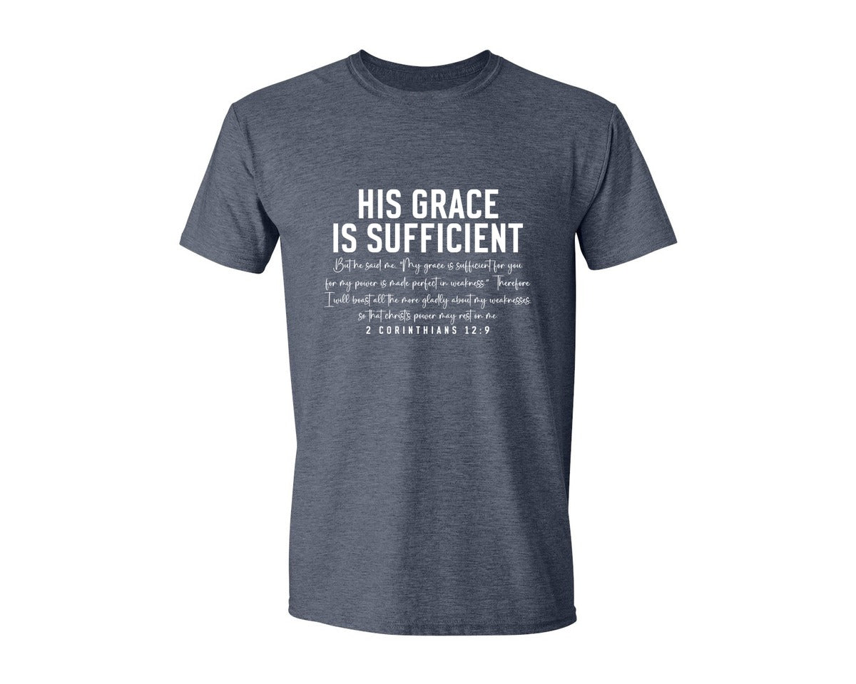 brand:Generic|color:Heather Navy|His Grace Is Sufficient 2 Corinthian Graphic T-Shirt