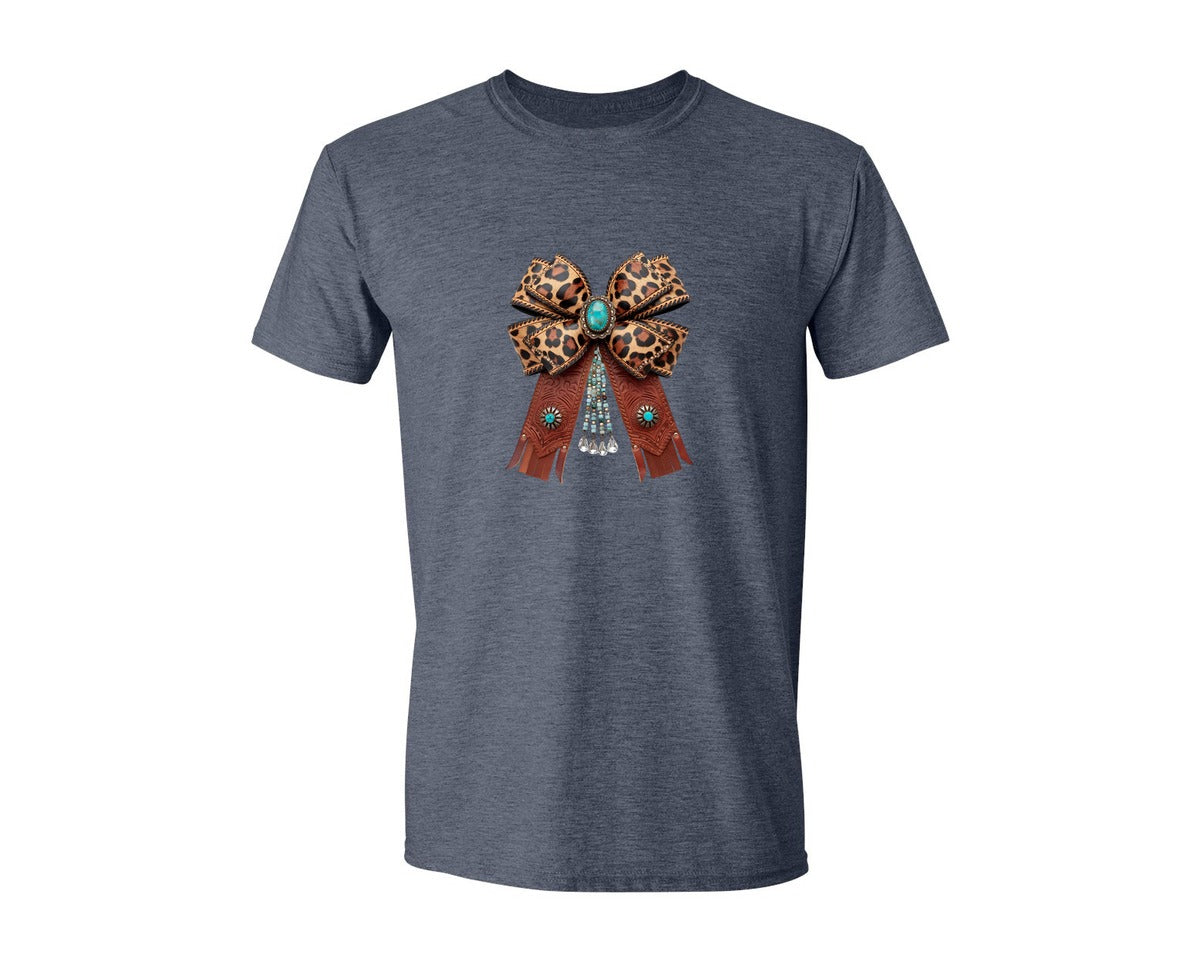 brand:Generic|color:Heather Navy|Western Leopard Bow Coquette Cowgirl 2 Graphic T-Shirt
