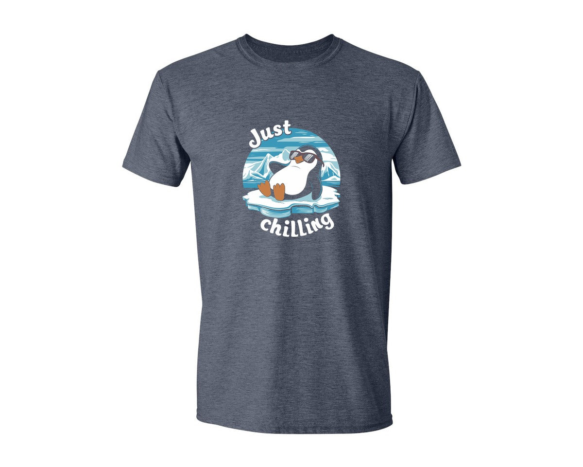 brand:Generic|color:Heather Navy|Just Chilling Penguin Pun Relaxed Vibes Graphic T-Shirt