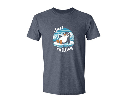 brand:Generic|color:Heather Navy|Just Chilling Penguin Pun Relaxed Vibes Graphic T-Shirt