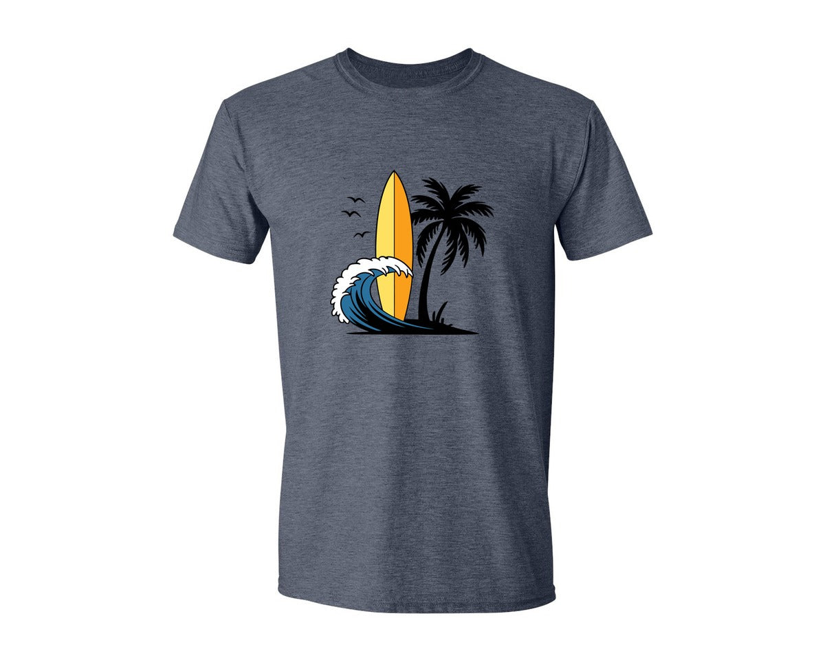brand:Generic|color:Heather Navy|Surfboard With Ocean Wave And Palm Tree Graphic T-Shirt