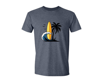 brand:Generic|color:Heather Navy|Surfboard With Ocean Wave And Palm Tree Graphic T-Shirt