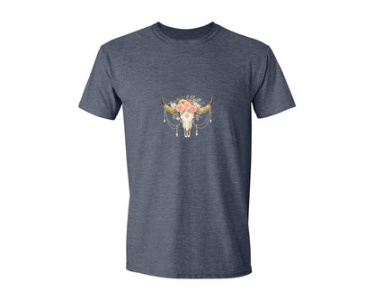 brand:Generic|color:Heather Navy|Rose Flowers Western Bull Skull Longhorn 5 Graphic T-Shirt