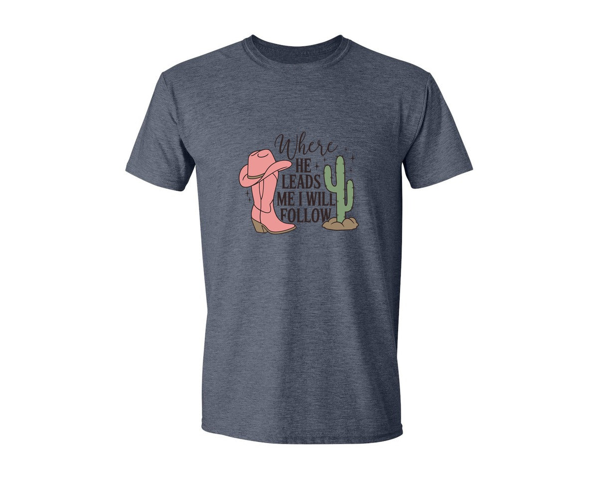 brand:Generic|color:Heather Navy|Where He Leads Me I Will Follow Graphic T-Shirt