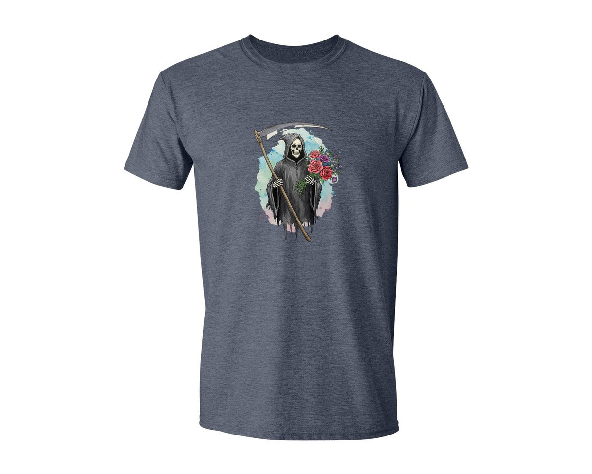 brand:Generic|color:Heather Navy|Grim Reaper With Flowers Gothic Graphic T-Shirt