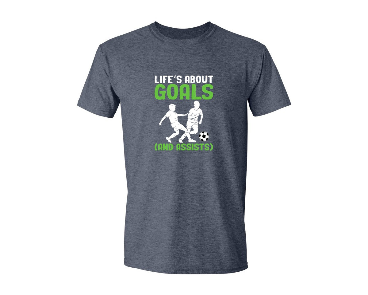brand:Generic|color:Heather Navy|Lifes About Goals Soccer T Shirt Graphic T-Shirt
