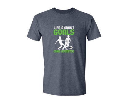 brand:Generic|color:Heather Navy|Lifes About Goals Soccer T Shirt Graphic T-Shirt