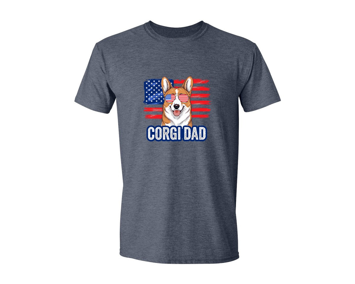 brand:Generic|color:Heather Navy|Corgi Dad American Flag 4Th Of July Graphic T-Shirt