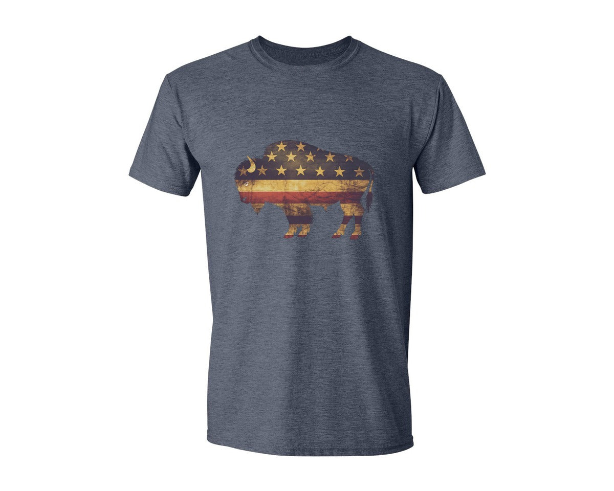 brand:Generic|color:Heather Navy|American Bison Patriotic Usa Flag 4 Graphic T-Shirt