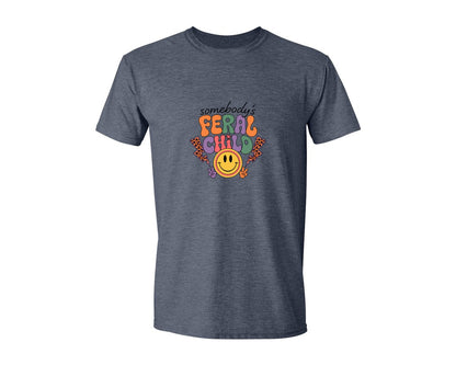 brand:Generic|color:Heather Navy|Somebodys Feral Child Funny Summer Graphic T-Shirt