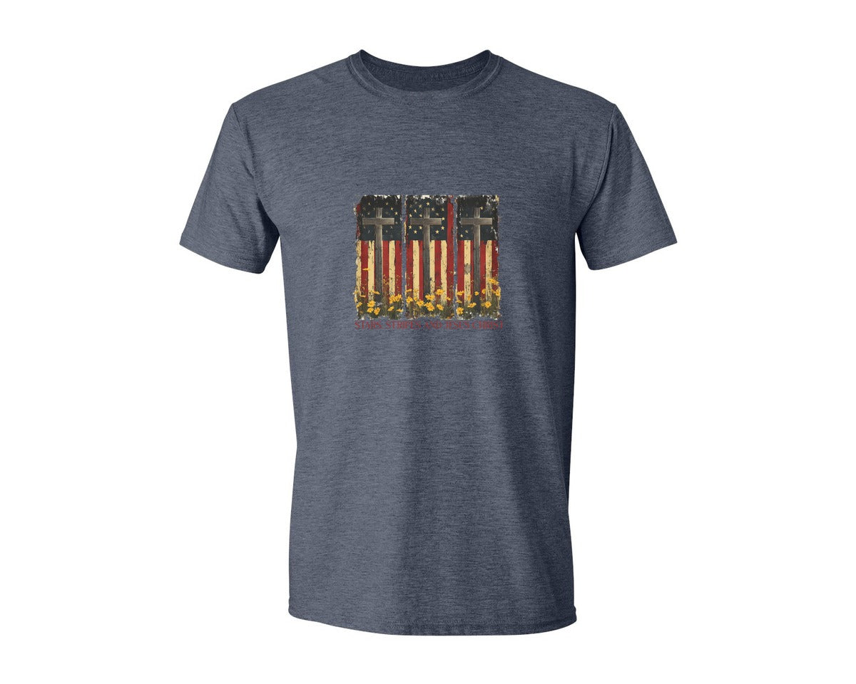brand:Generic|color:Heather Navy|Stars And Stripes And Jesus Christ Graphic T-Shirt