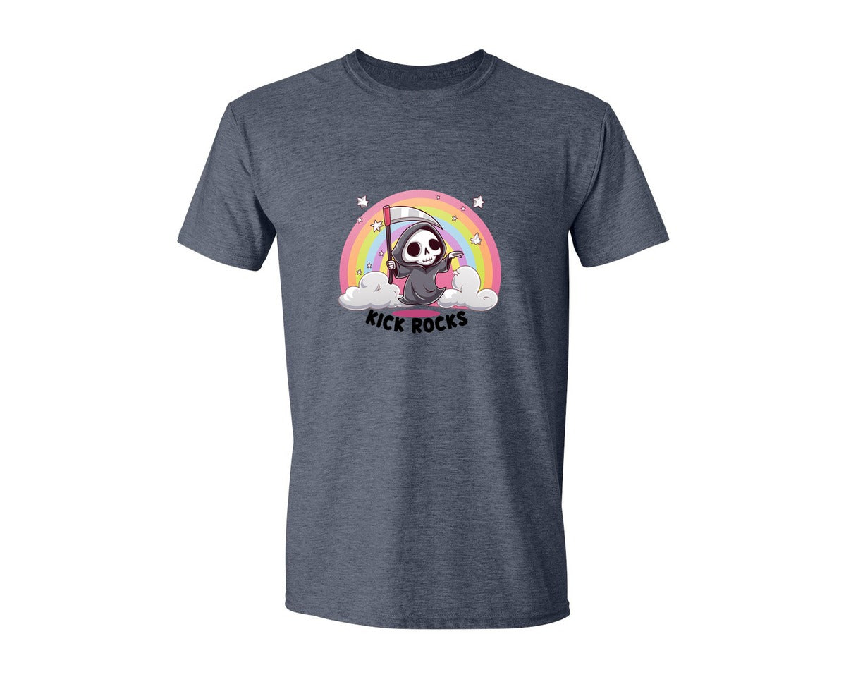 brand:Generic|color:Heather Navy|Kick Rocks Cute Grim Reaper Graphic T-Shirt