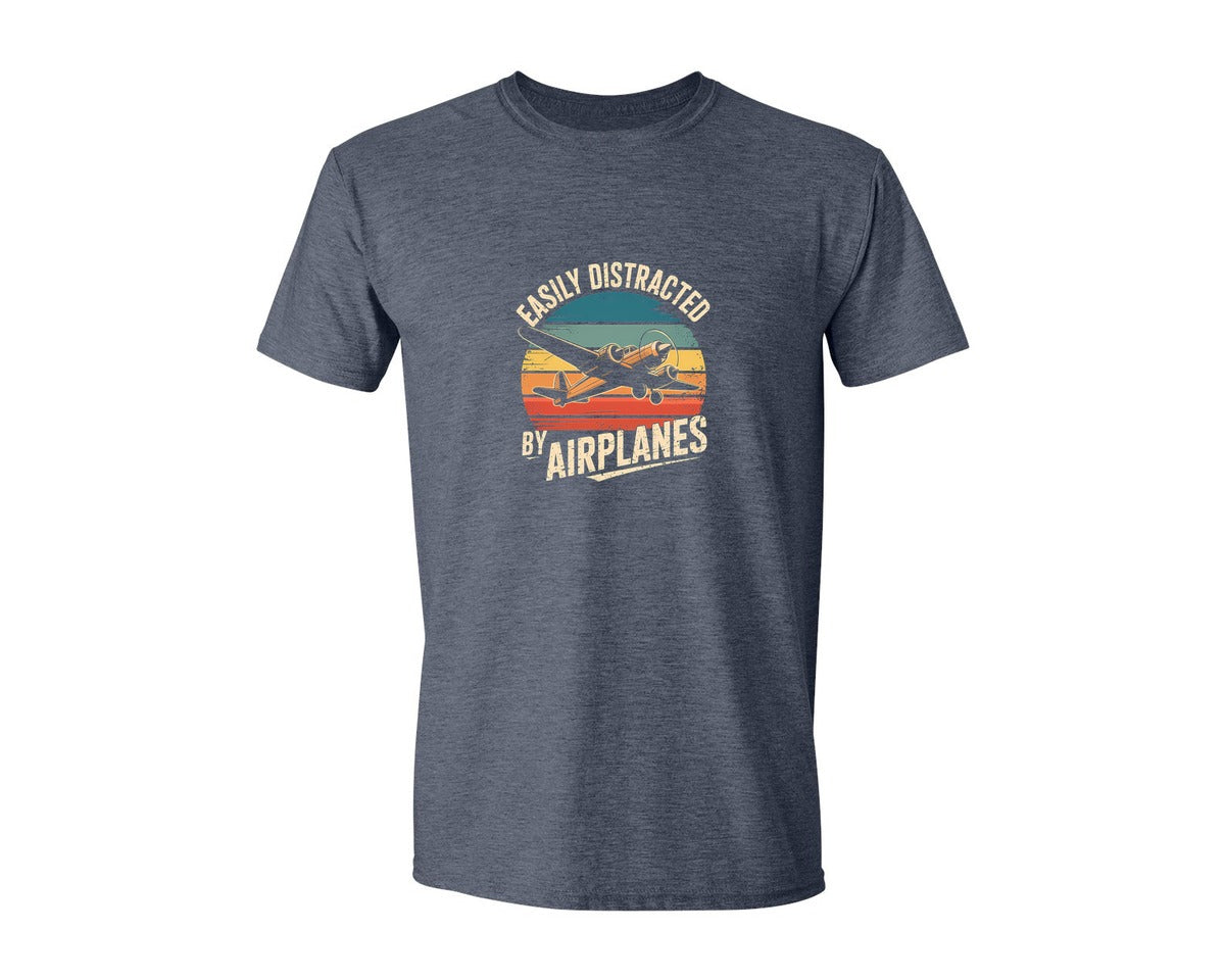 brand:Generic|color:Heather Navy|Easily Distracted By Airplanes Graphic T-Shirt