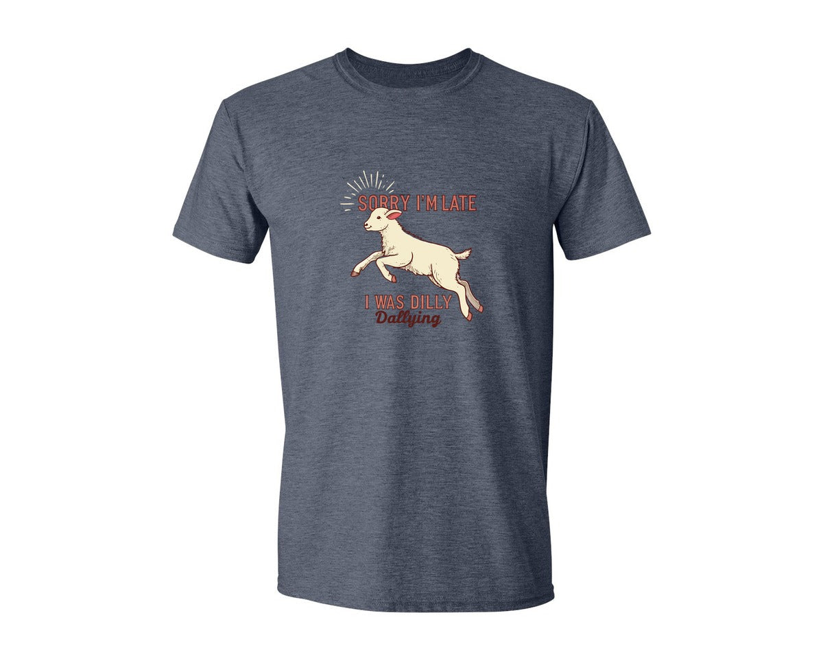 brand:Generic|color:Heather Navy|Sorry Im Late Funny Goat Farm Graphic T-Shirt