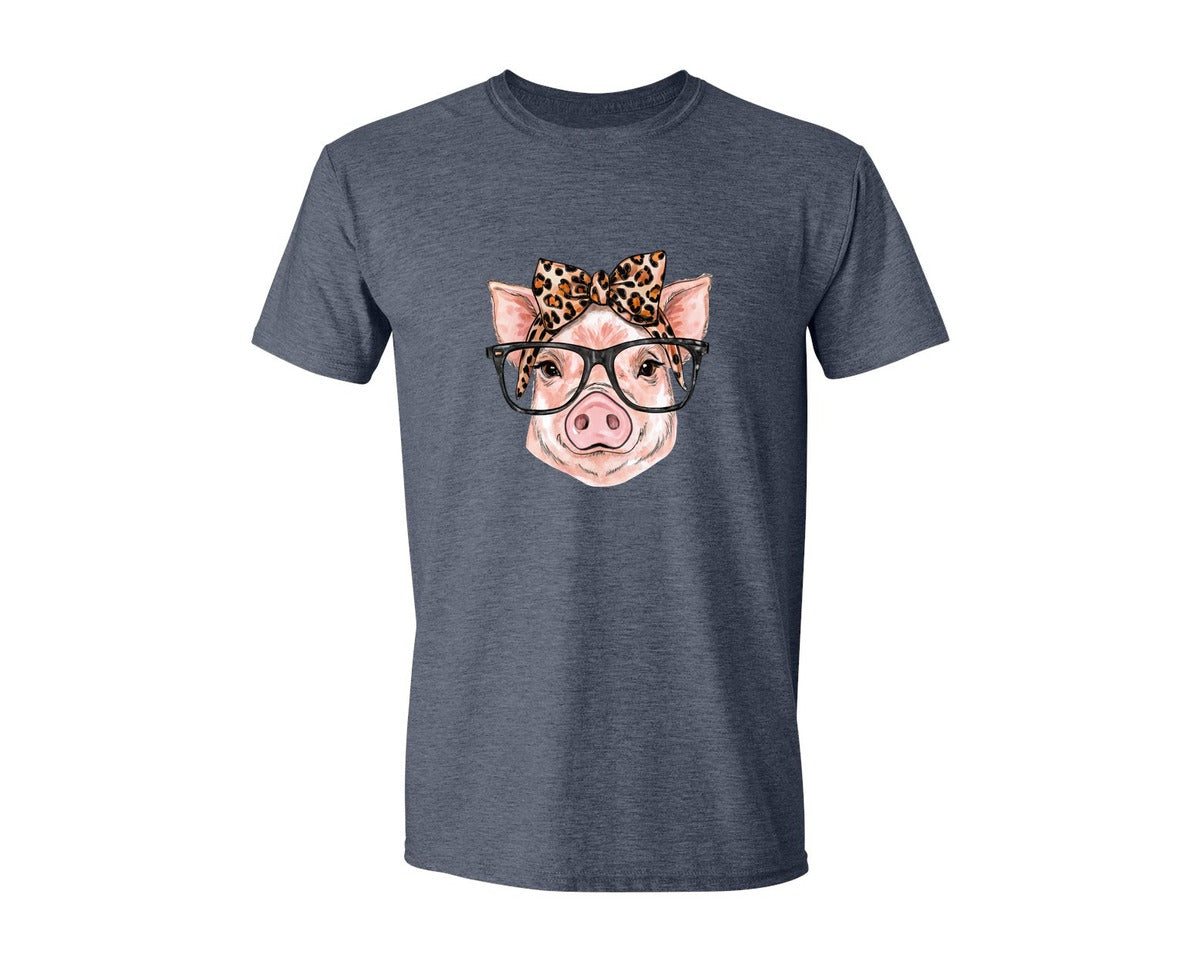 brand:Generic|color:Heather Navy|Watercolor Pig With Glasses And Leopard Graphic T-Shirt