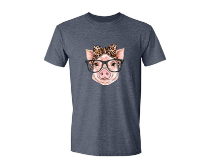 brand:Generic|color:Heather Navy|Watercolor Pig With Glasses And Leopard Graphic T-Shirt