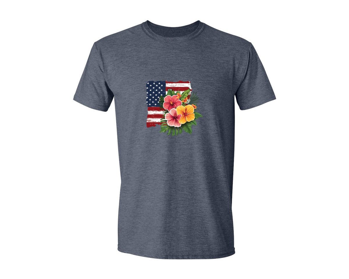 brand:Generic|color:Heather Navy|Floral American Flag 4Th Of July Graphic T-Shirt