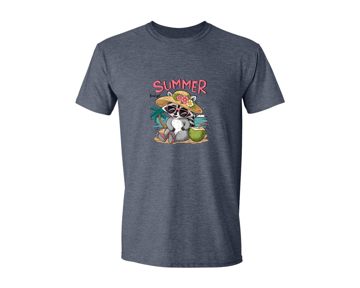 brand:Generic|color:Heather Navy|Feral Girl Summer Raccoon Art 2 Graphic T-Shirt