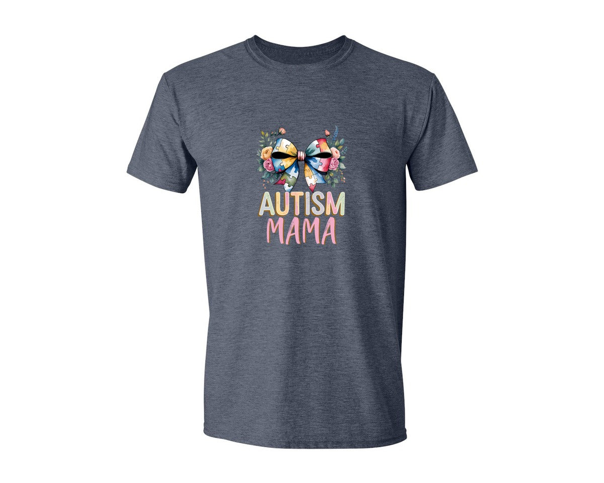 brand:Generic|color:Heather Navy|Autism Mama Elegant Floral Puzzle Bow Graphic T-Shirt