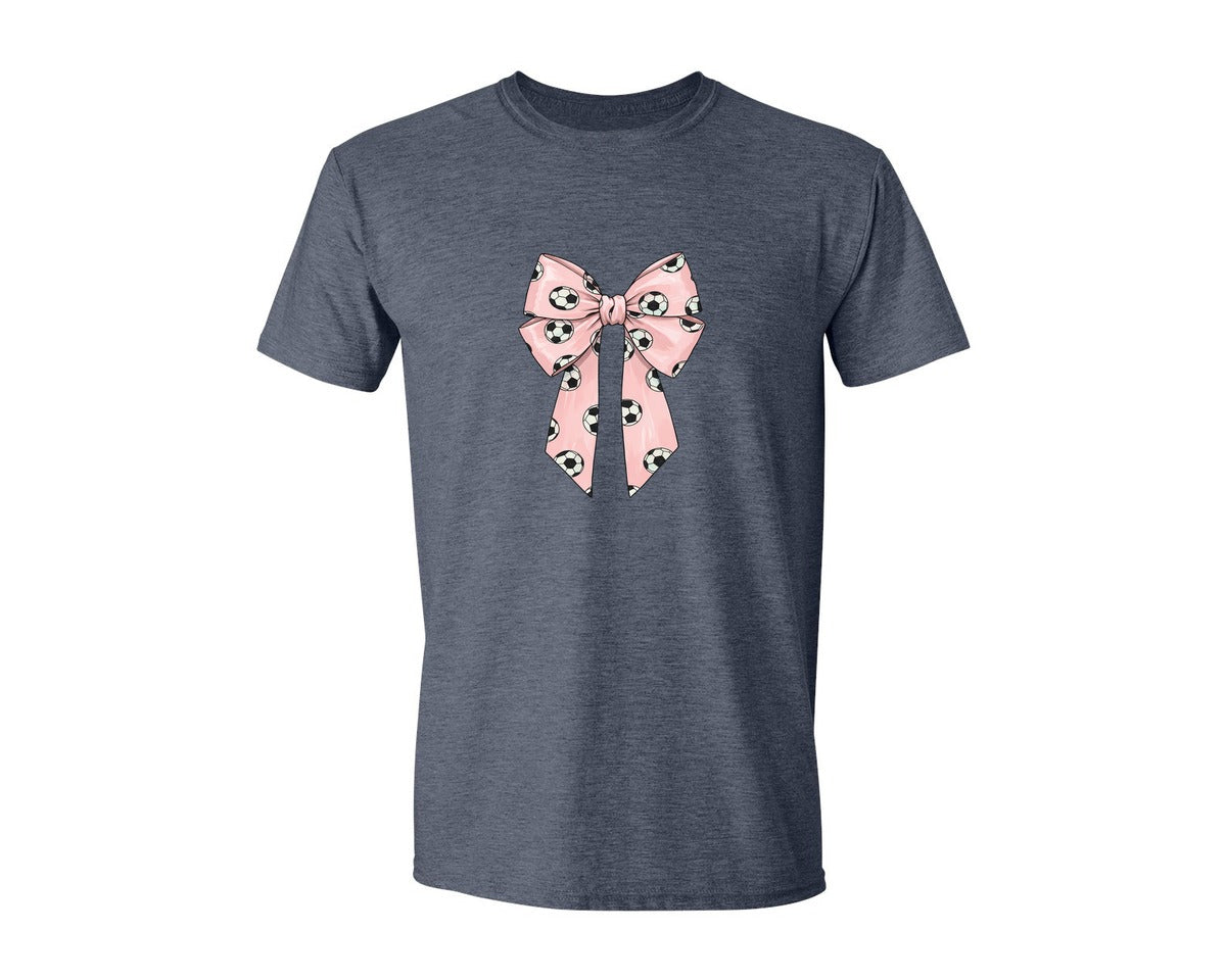 brand:Generic|color:Heather Navy|Soccer Pattern Coquette Bow Graphic T-Shirt