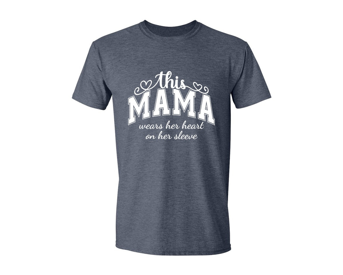 brand:Generic|color:Heather Navy|This Mama Wears Her Heart On Her Sleeve 74 Graphic T-Shirt