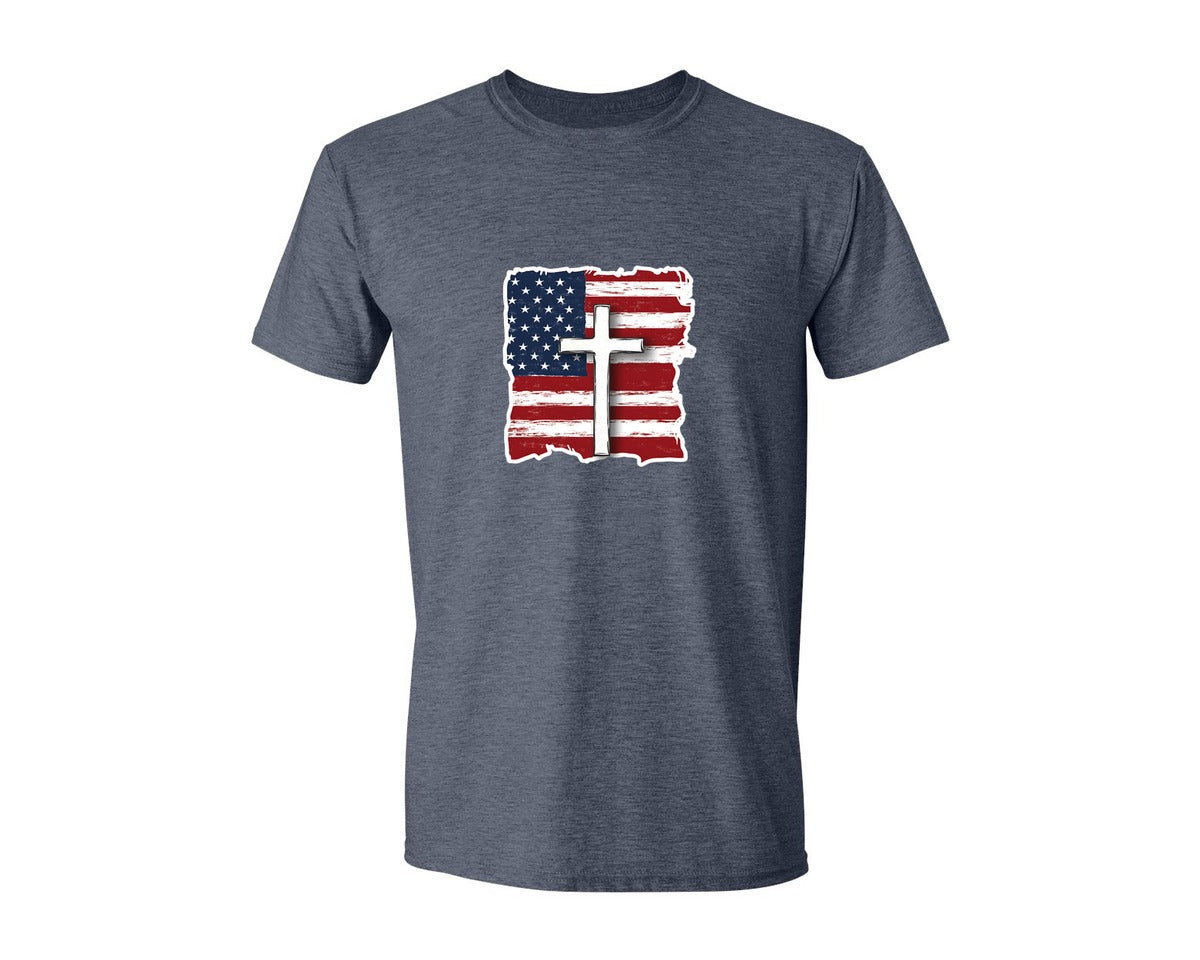 brand:Generic|color:Heather Navy|4Th Of July Patriotic Cross With Flag Graphic T-Shirt