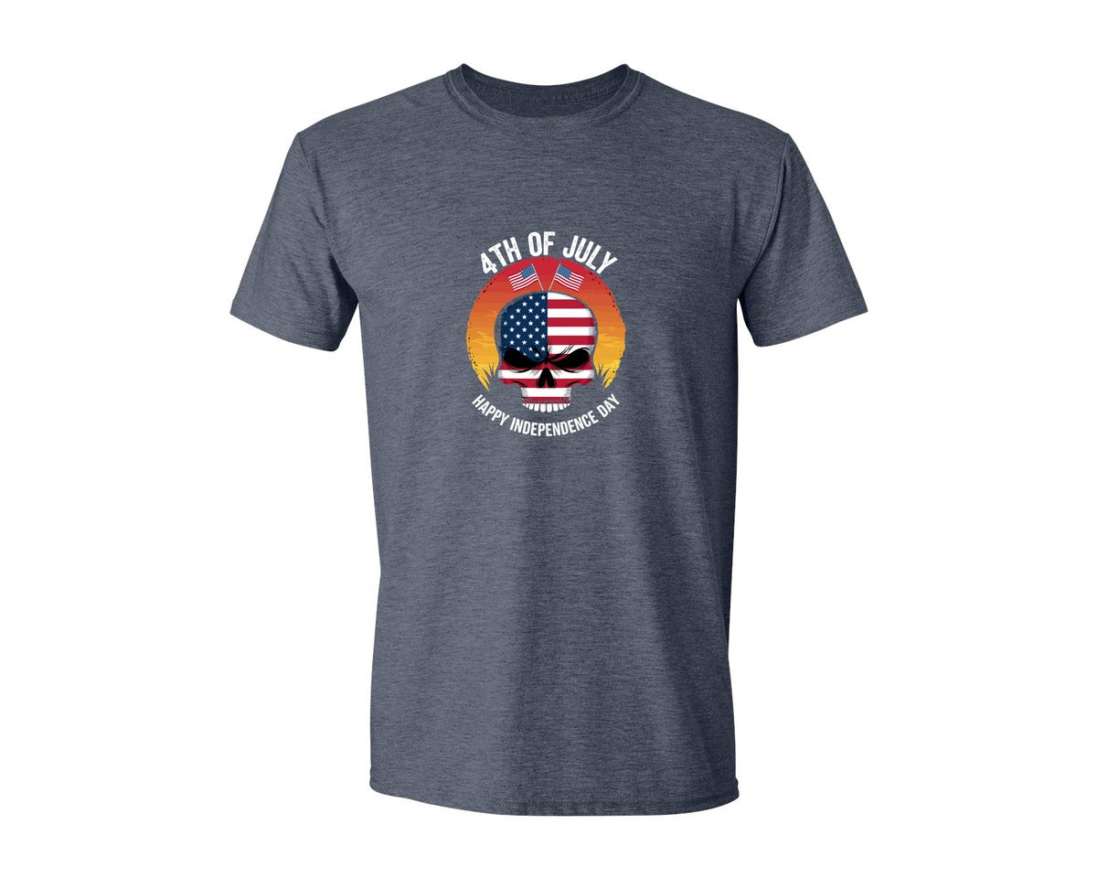 brand:Generic|color:Heather Navy|4Th Of July American Skull Sunset Indepe Graphic T-Shirt