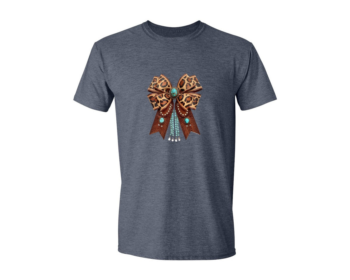 brand:Generic|color:Heather Navy|Western Leopard Bow Bohemian Coquette Graphic T-Shirt