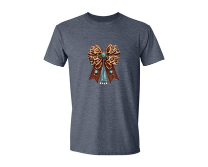 brand:Generic|color:Heather Navy|Western Leopard Bow Bohemian Coquette Graphic T-Shirt