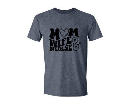 brand:Generic|color:Heather Navy|Mom Wife Nurse Wavy Graphic T-Shirt