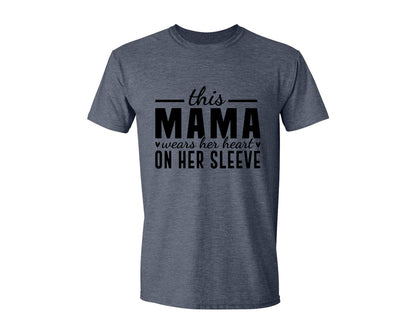 brand:Generic|color:Heather Navy|This Mama Wears Her Heart On Her Sleeve 77 Graphic T-Shirt