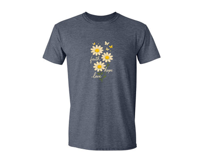 brand:Generic|color:Heather Navy|Faith Hope Love Daisies Butterflies Graphic T-Shirt