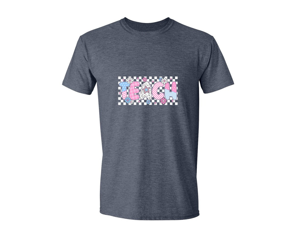 brand:Generic|color:Heather Navy|Preppy Floral Teach Teacher Graphic T-Shirt