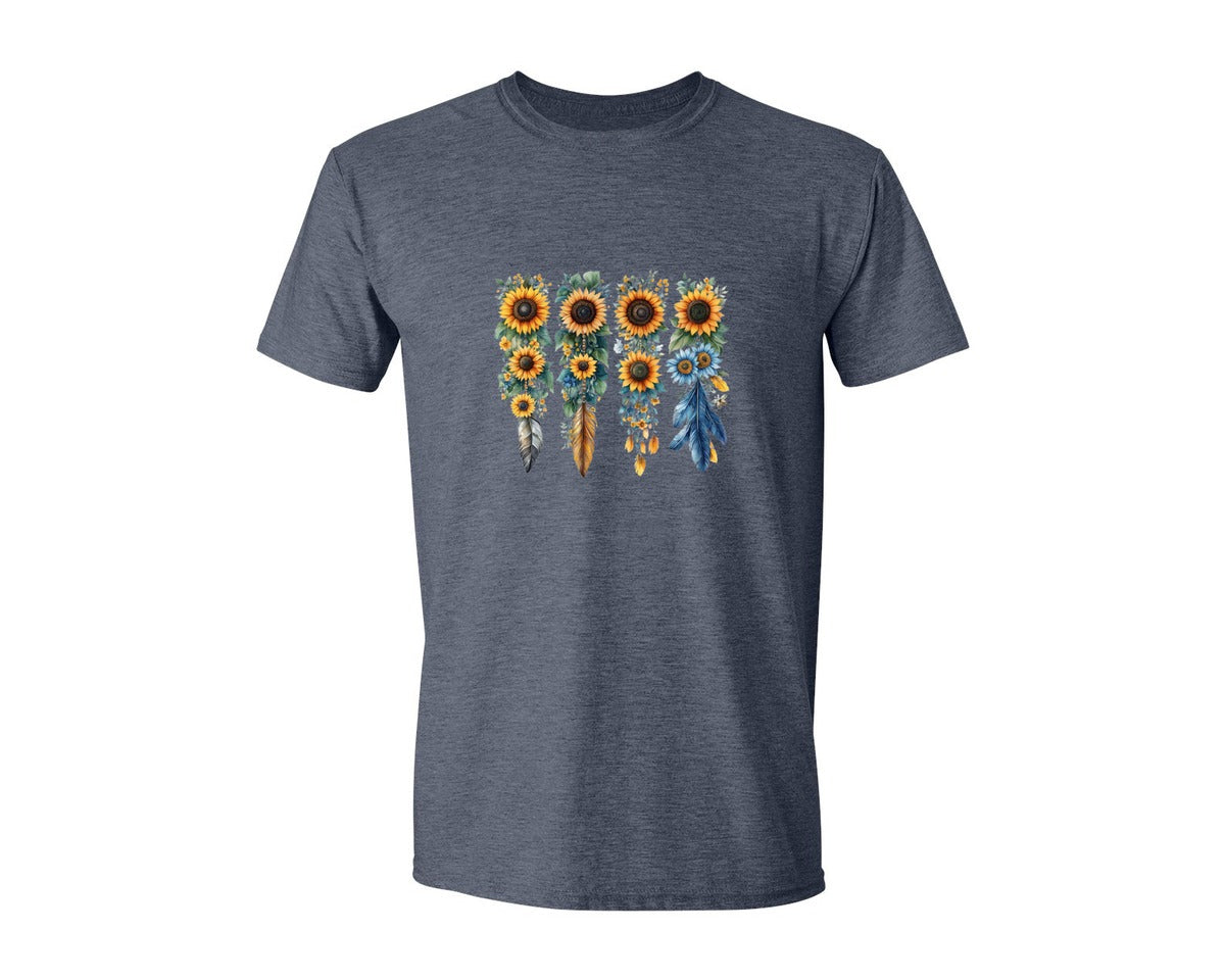 brand:Generic|color:Heather Navy|Boho Wildflowers Feathers Flowers Graphic T-Shirt