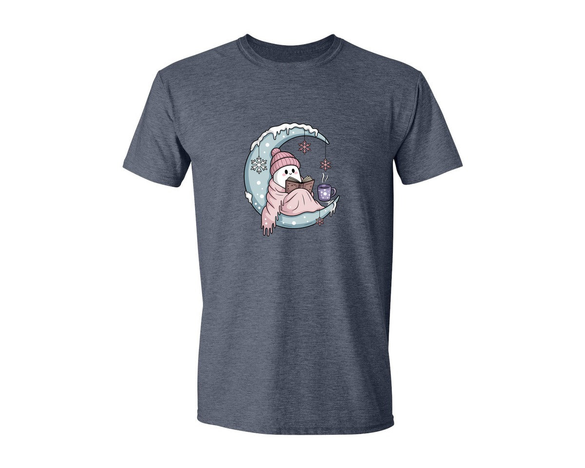 brand:Generic|color:Heather Navy|Icy Moon Cozy Ghost Reading Graphic T-Shirt
