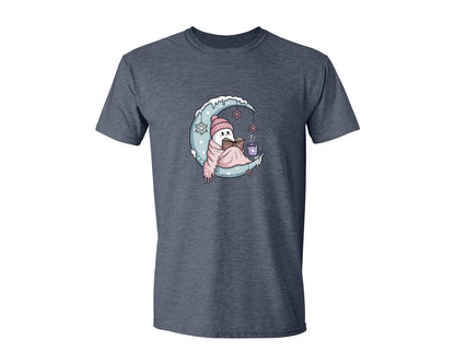 brand:Generic|color:Heather Navy|Icy Moon Cozy Ghost Reading Graphic T-Shirt