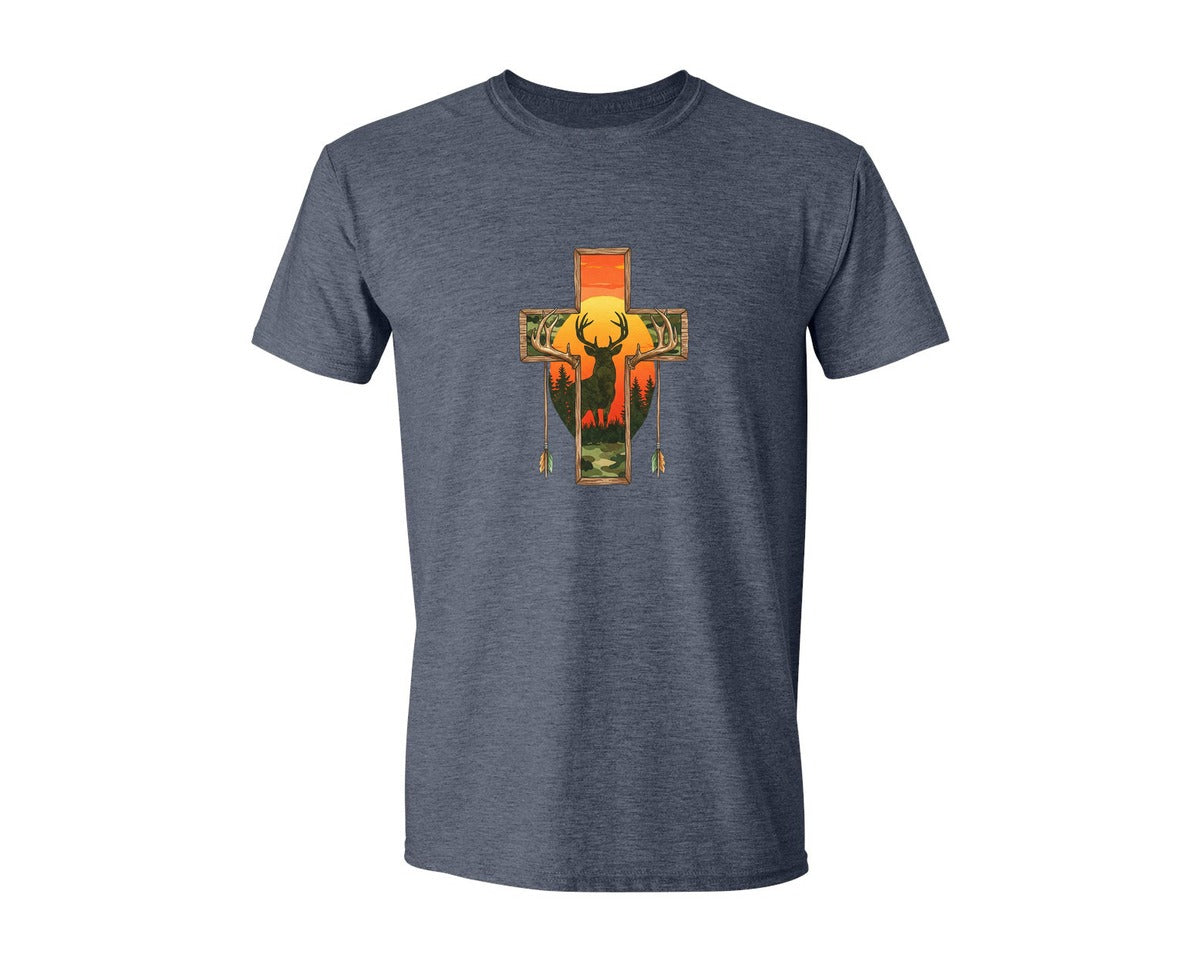 brand:Generic|color:Heather Navy|Deer Cross Rustic Hunting Cross Sub Graphic T-Shirt