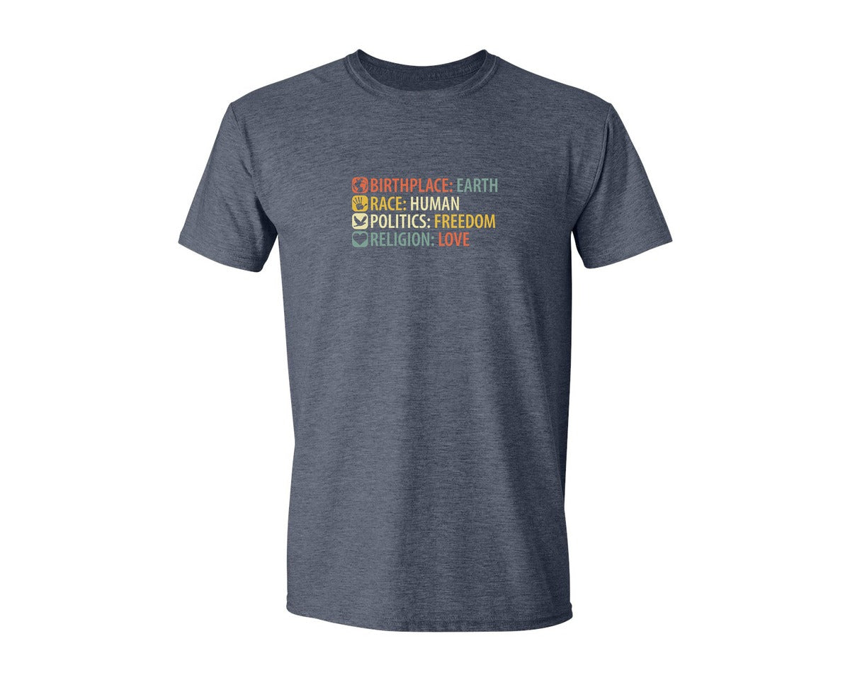 brand:Generic|color:Heather Navy|Birthplace Earth Race Human Politics Fre Graphic T-Shirt