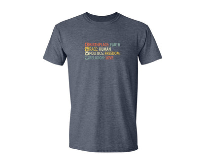 brand:Generic|color:Heather Navy|Birthplace Earth Race Human Politics Fre Graphic T-Shirt