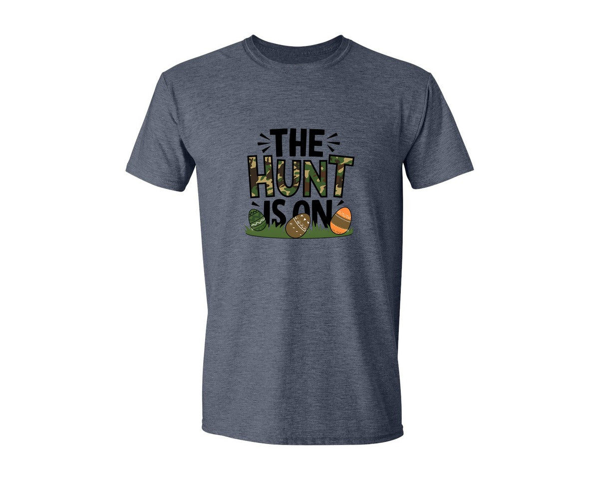brand:Generic|color:Heather Navy|The Hunt Is On Camo Easter Egg Camo Graphic T-Shirt