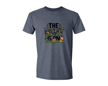 brand:Generic|color:Heather Navy|The Hunt Is On Camo Easter Egg Camo Graphic T-Shirt