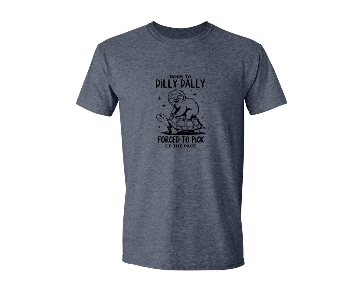 brand:Generic|color:Heather Navy|Born To Dilly Dally Funny Sloth Graphic T-Shirt