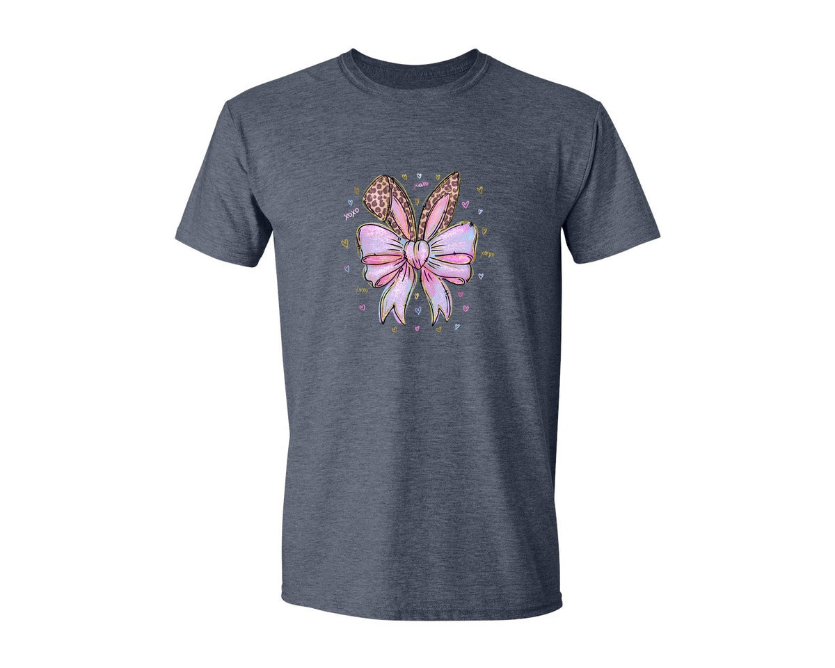 brand:Generic|color:Heather Navy|Leopard Bunny Ears Pink Blue Bow Graphic T-Shirt
