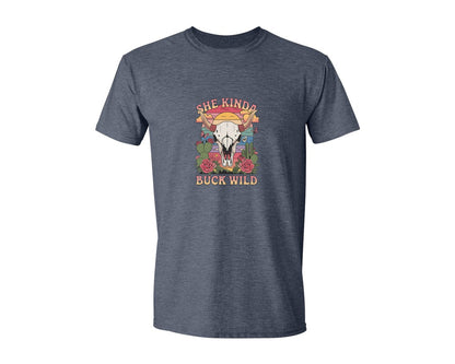 brand:Generic|color:Heather Navy|She Kinda Buck Wild Western Aesthetic 3 Graphic T-Shirt