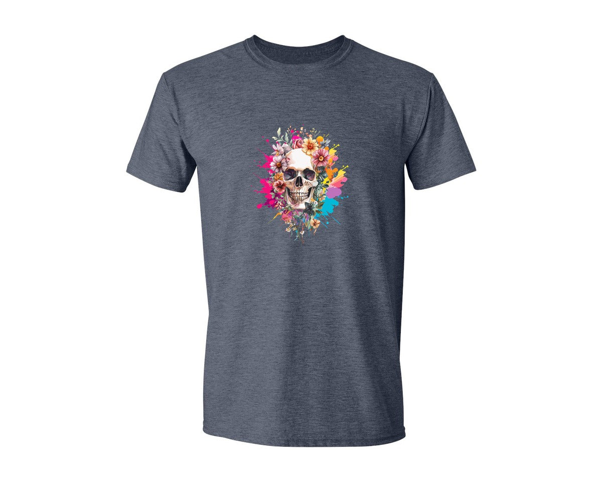 brand:Generic|color:Heather Navy|Floral Skull Watercolor Skull Shirt Graphic T-Shirt