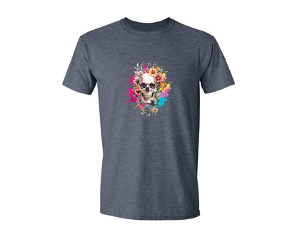brand:Generic|color:Heather Navy|Floral Skull Watercolor Skull Shirt Graphic T-Shirt