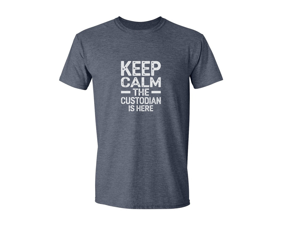 brand:Generic|color:Heather Navy|Keep Calm Custodian Here Graphic T-Shirt
