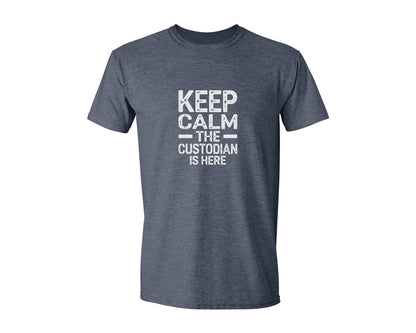 brand:Generic|color:Heather Navy|Keep Calm Custodian Here Graphic T-Shirt